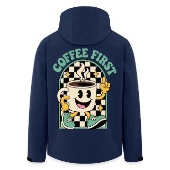 Kaffeetasse im Retrolook – Coffee First - Recycelte Männer Softshell-Jacke von Stanley/Stella - Navy - Hinten - AI Model Male 185 light (185cm)