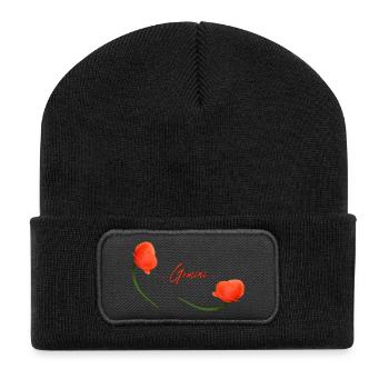 Zwillinge Mohn Klatschmohn Sternzeichen Zwillinge - Recycelte Patch Beanie - Schwarz - Vorne
