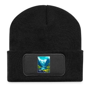 Die Fjorde Norwegen Vintage Reiseplakat Souvenir - Recycelte Patch Beanie - Schwarz - Vorne