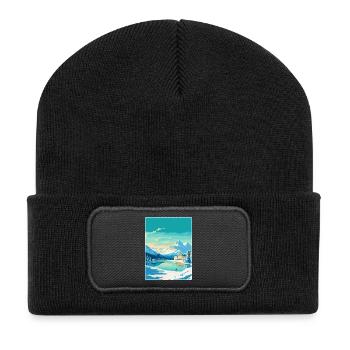 St. Moritz Schweiz Vintage Reiseplakat WPA - Recycelte Patch Beanie - Schwarz - Vorne