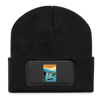 Comer See Italien Dekoration Vintage Reiseposter - Recycelte Patch Beanie - Schwarz - Vorne