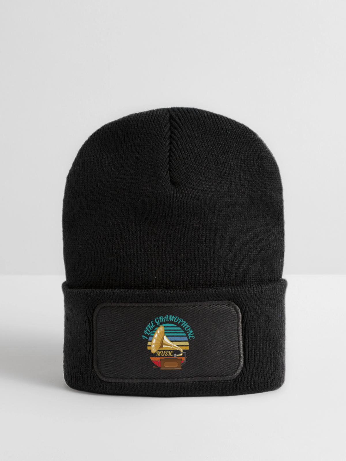 ICH MAG GRAMMOPHONMUSIK - Recycelte Patch Beanie - Schwarz - Vorne