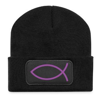  Jesusfisch violett Ichthys Jesus Fisch  - Recycelte Patch Beanie - Schwarz - Vorne