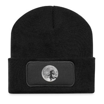 Fliegende Hexe vor Mond - Recycelte Patch Beanie - Schwarz - Vorne
