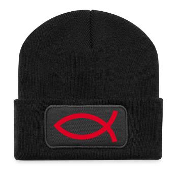  Jesusfisch rot Ichthys Jesus Fisch  - Recycelte Patch Beanie - Schwarz - Vorne