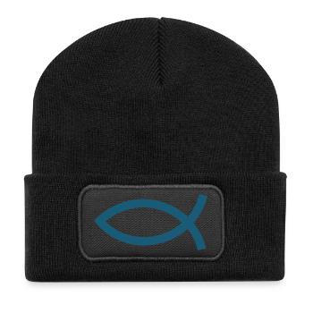 Blauer Jesusfisch Ichthys Jesus Fisch Geschenkidee - Recycelte Patch Beanie - Schwarz - Vorne