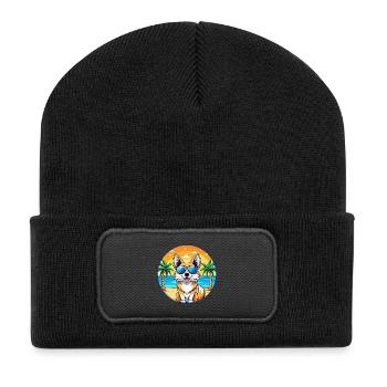 Isländischer Schäferhund Rasse Cartoon Sonnenbrille Strand - Recycelte Patch Beanie - Schwarz - Vorne