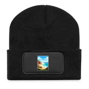 Porthcurno Beach Cornwall Vintage Reiseposter - Recycelte Patch Beanie - Schwarz - Vorne