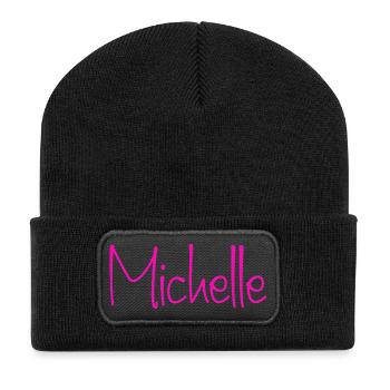 Michelle Neon-Handschrift - Recycelte Patch Beanie - Schwarz - Vorne
