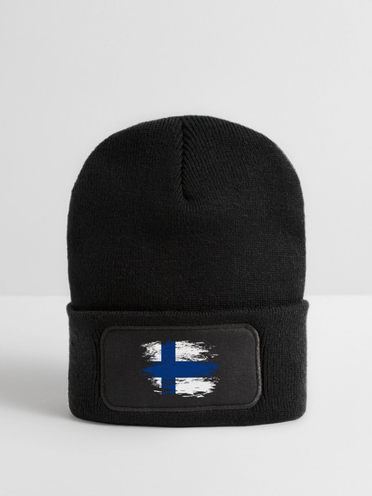 Finnland Flagge used - Recycelte Patch Beanie - Schwarz - Vorne