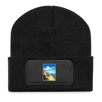 Nazare Portugal Vintage Reiseposter WPA Souvenir - Recycelte Patch Beanie - Schwarz - Vorne