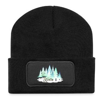 Winter Winterlandschaft Schnee Tannen - Recycelte Patch Beanie - Schwarz - Vorne