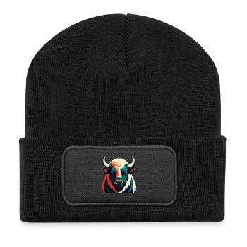 Büffel Zeichentrickfigur Buntes Haustier Tier - Recycelte Patch Beanie - Schwarz - Vorne
