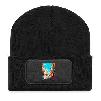 Valencia Spanien Vintage Reiseplakat Souvenir WPA - Recycelte Patch Beanie - Schwarz - Vorne