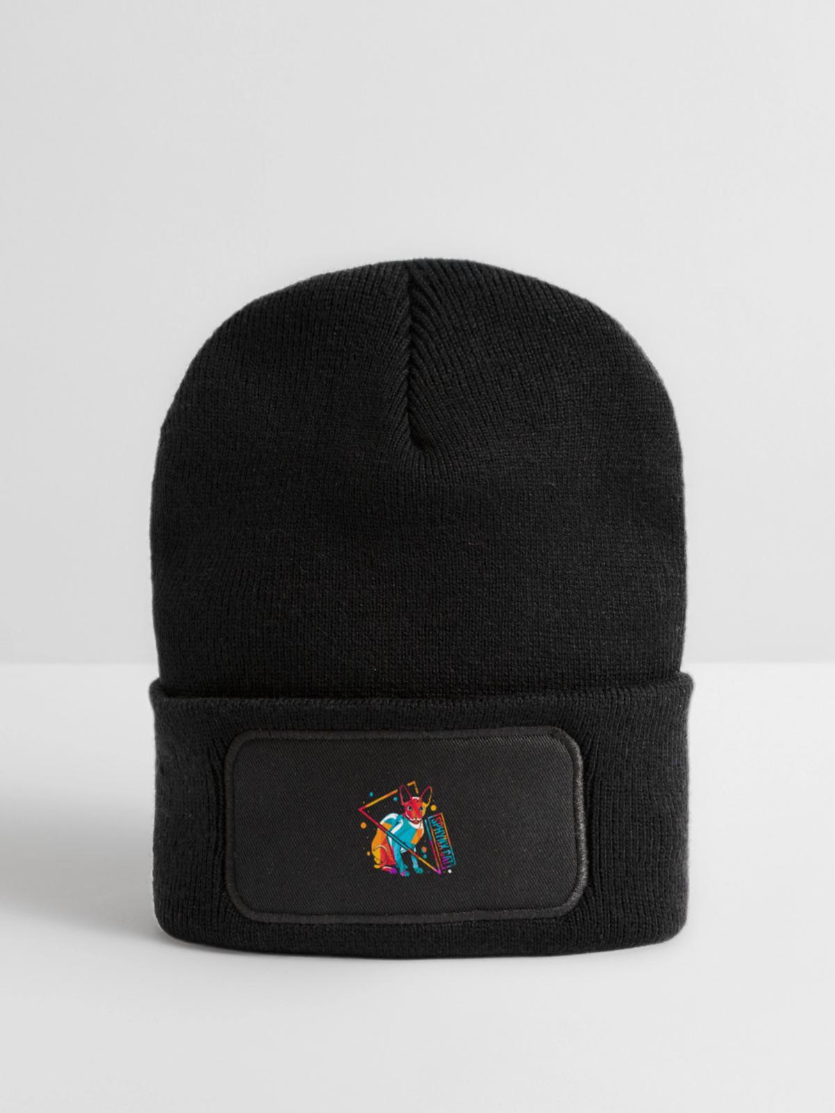 Sphynx Sphinx Katze Retro - Recycelte Patch Beanie - Schwarz - Vorne