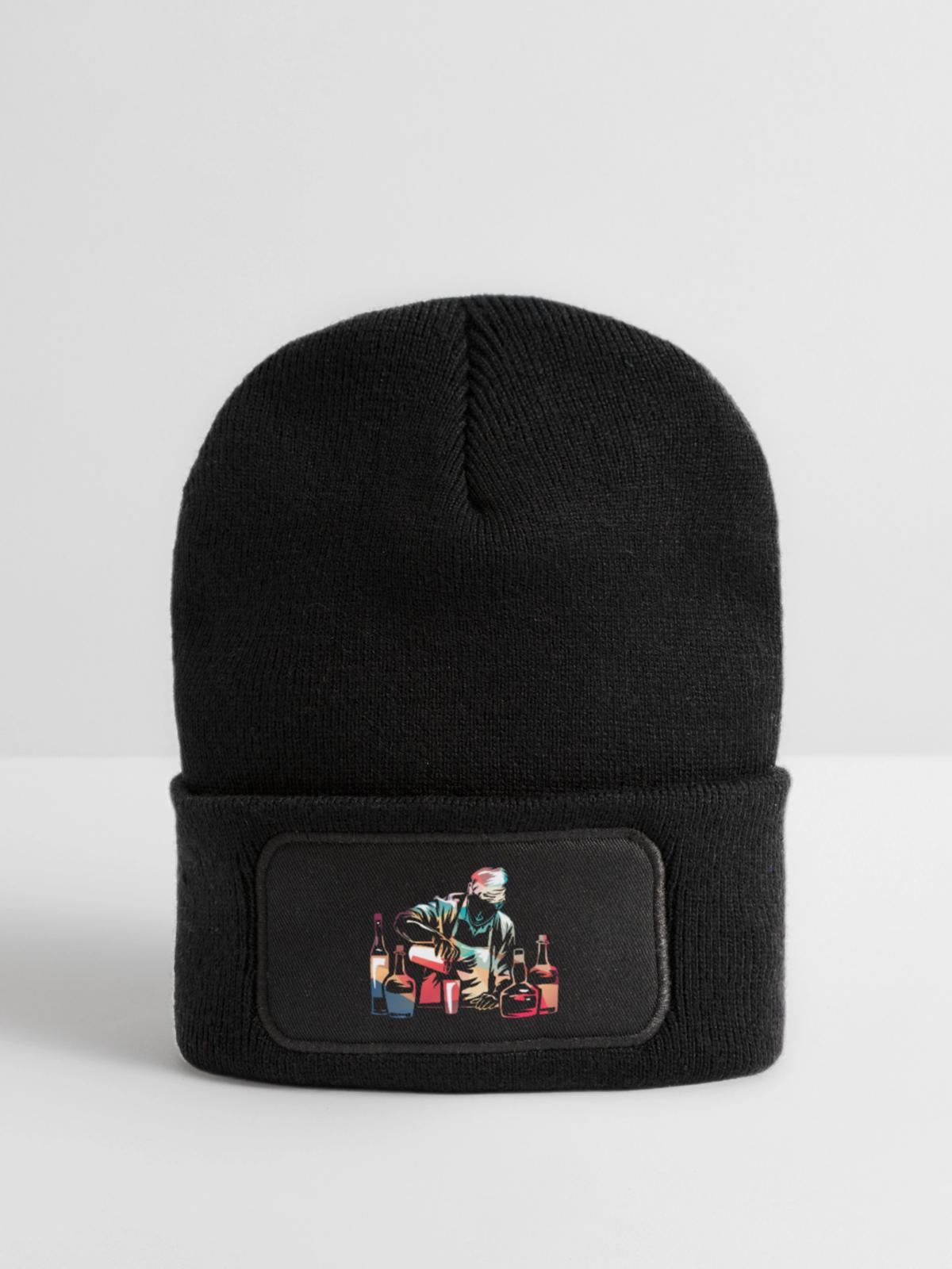 Stilvoller Cocktailmixer Barkeeper - Recycelte Patch Beanie - Schwarz - Vorne