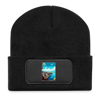 Genf Schweiz Vintage Reiseplakat Souvenir - Recycelte Patch Beanie - Schwarz - Vorne