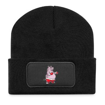 Schlagfertiges Nilpferd Boxring - Recycelte Patch Beanie - Schwarz - Vorne