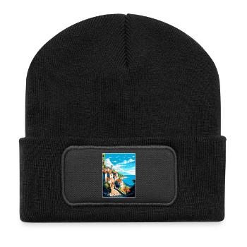 Ston Kroatien Vintage Reiseposter WPA Souvenir - Recycelte Patch Beanie - Schwarz - Vorne