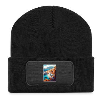 Hydra Griechenland Dekoration Vintage Reiseposter WPA - Recycelte Patch Beanie - Schwarz - Vorne