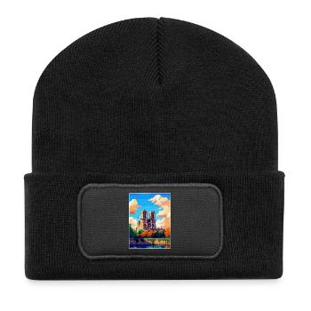 Notre Dame Frankreich Vintage Reiseplakat Souvenir - Recycelte Patch Beanie - Schwarz - Vorne