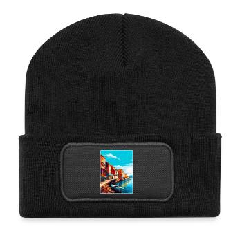 Costa Nova Portugal Vintage Reiseplakat Souvenir - Recycelte Patch Beanie - Schwarz - Vorne