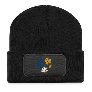 Florale Komposition – Blau & Senf - Recycelte Patch Beanie - Schwarz - Vorne