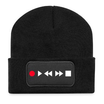 Record Play Rewind Fast Forward Stop - Recycelte Patch Beanie - Schwarz - Vorne