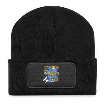 Poisson-chat Silhouette de poisson-chat Canne à pêche et éclaboussures de couleur - Beanie recyclé à patch - noir - Devant
