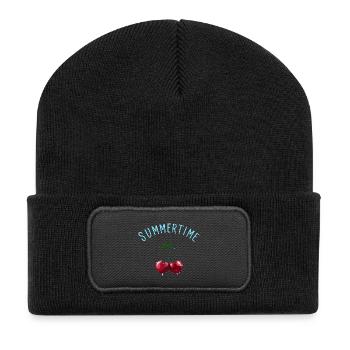 Summertime - Kirschen mit hellblauem Schriftzug - Recycelte Patch Beanie - Schwarz - Vorne