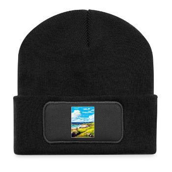 Isle Of Coll Schottland UK Vintage Reiseposter WPA - Recycelte Patch Beanie - Schwarz - Vorne