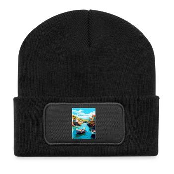Port Issac England Uk Vintage Reiseposter WPA - Recycelte Patch Beanie - Schwarz - Vorne