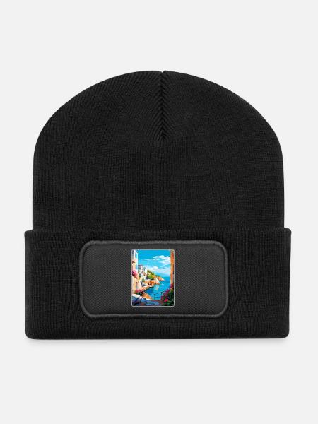 Rhodos Griechenland Vintage Reiseplakat WPA Souvenir - Recycelte Patch Beanie - Schwarz