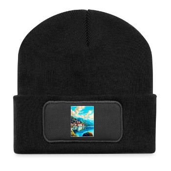 Lugano Schweiz Vintage Reiseplakat Souvenir - Recycelte Patch Beanie - Schwarz - Vorne