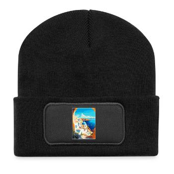Santorini Griechenland Vintage Reiseplakat Souvenir - Recycelte Patch Beanie - Schwarz - Vorne