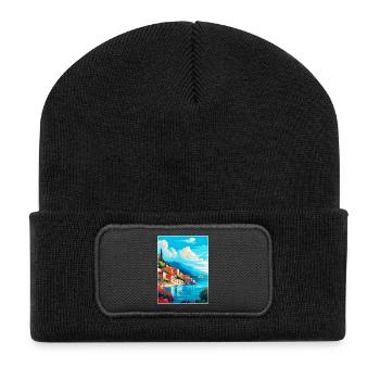 Kefalonia Griechenland Vintage Reiseplakat Souvenir - Recycelte Patch Beanie - Schwarz - Vorne
