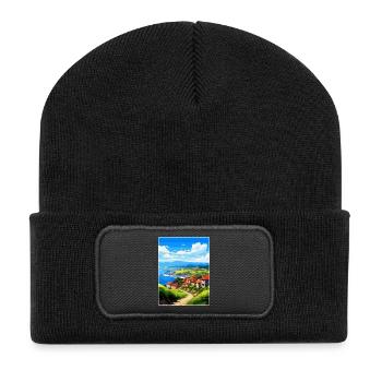 Baskenland Spanien Vintage Reise Poster WPA Kunst - Recycelte Patch Beanie - Schwarz - Vorne