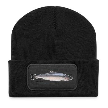 Lachs (Salmo salar) mit weißem Rand - Recycelte Patch Beanie - Schwarz - Vorne
