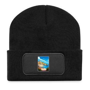 Skiathos Griechenland Dekoration Vintage Reiseposter - Recycelte Patch Beanie - Schwarz - Vorne