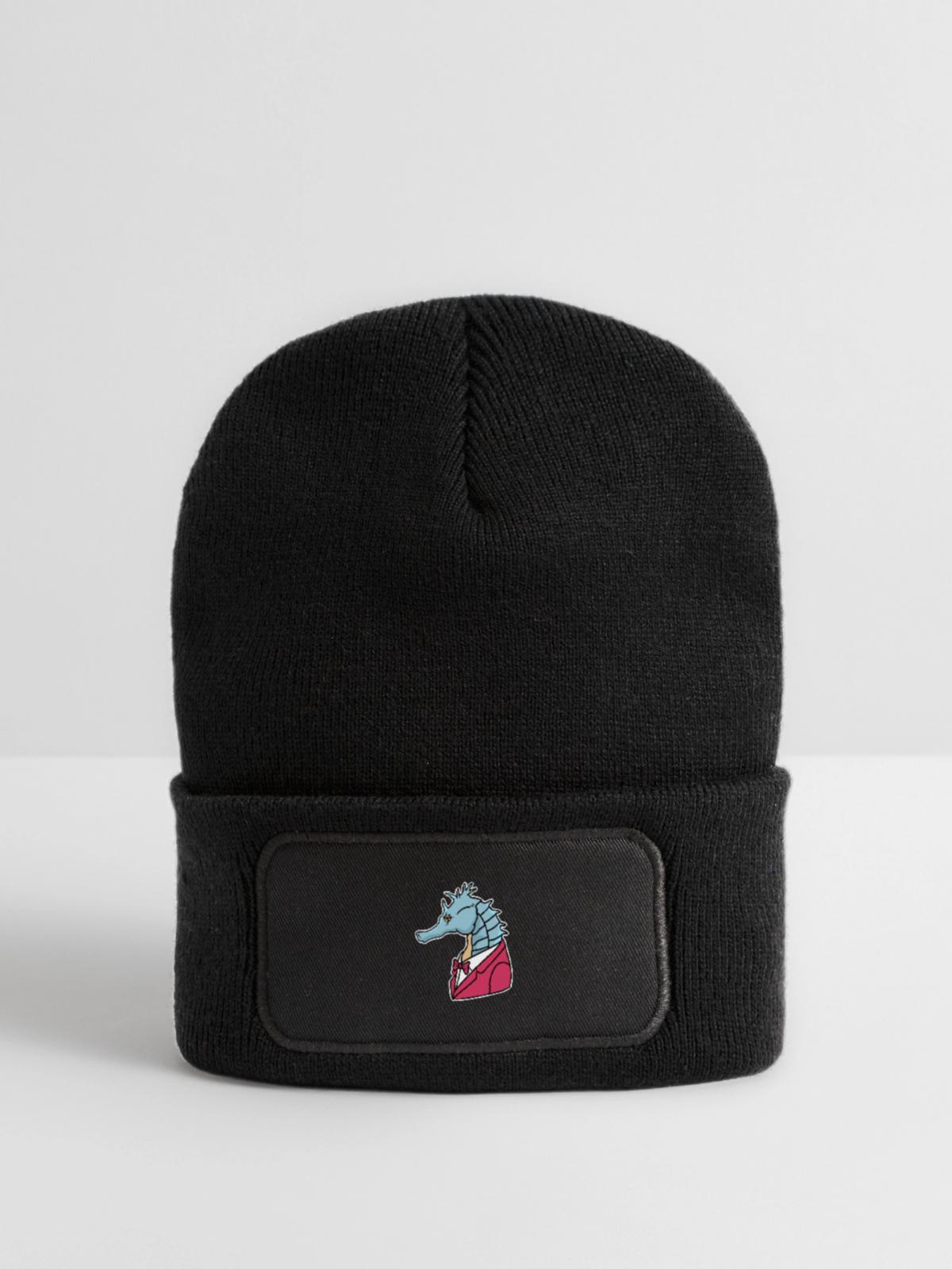 Distinguiertes Seepferdchen Smoking - Recycelte Patch Beanie - Schwarz - Vorne