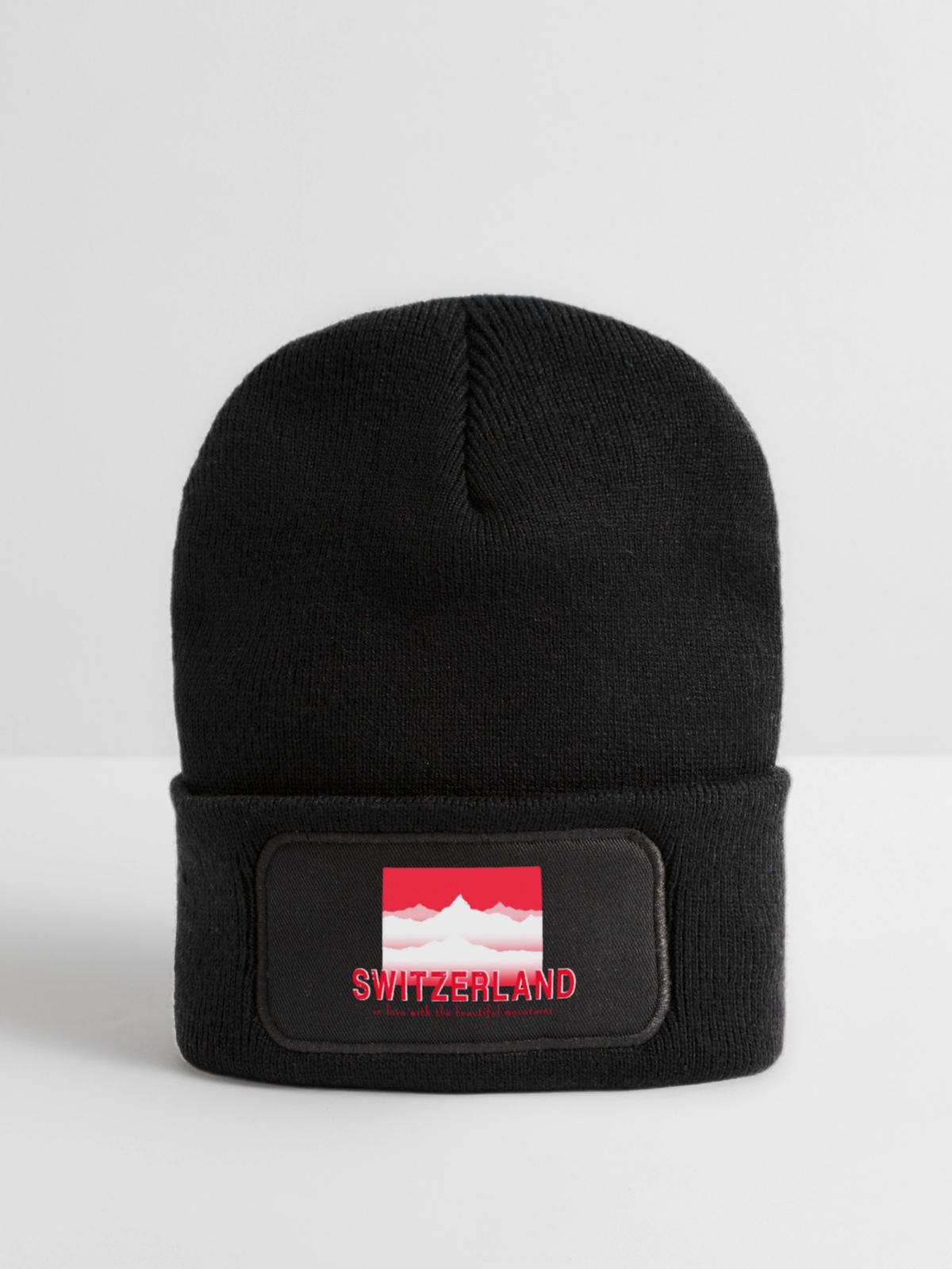 SWITZERLAND mountains - Recycelte Patch Beanie - Schwarz - Vorne