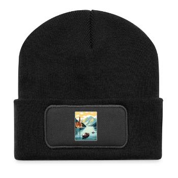 Comer See Italien Dekoration Vintage Reiseposter - Recycelte Patch Beanie - Schwarz - Vorne