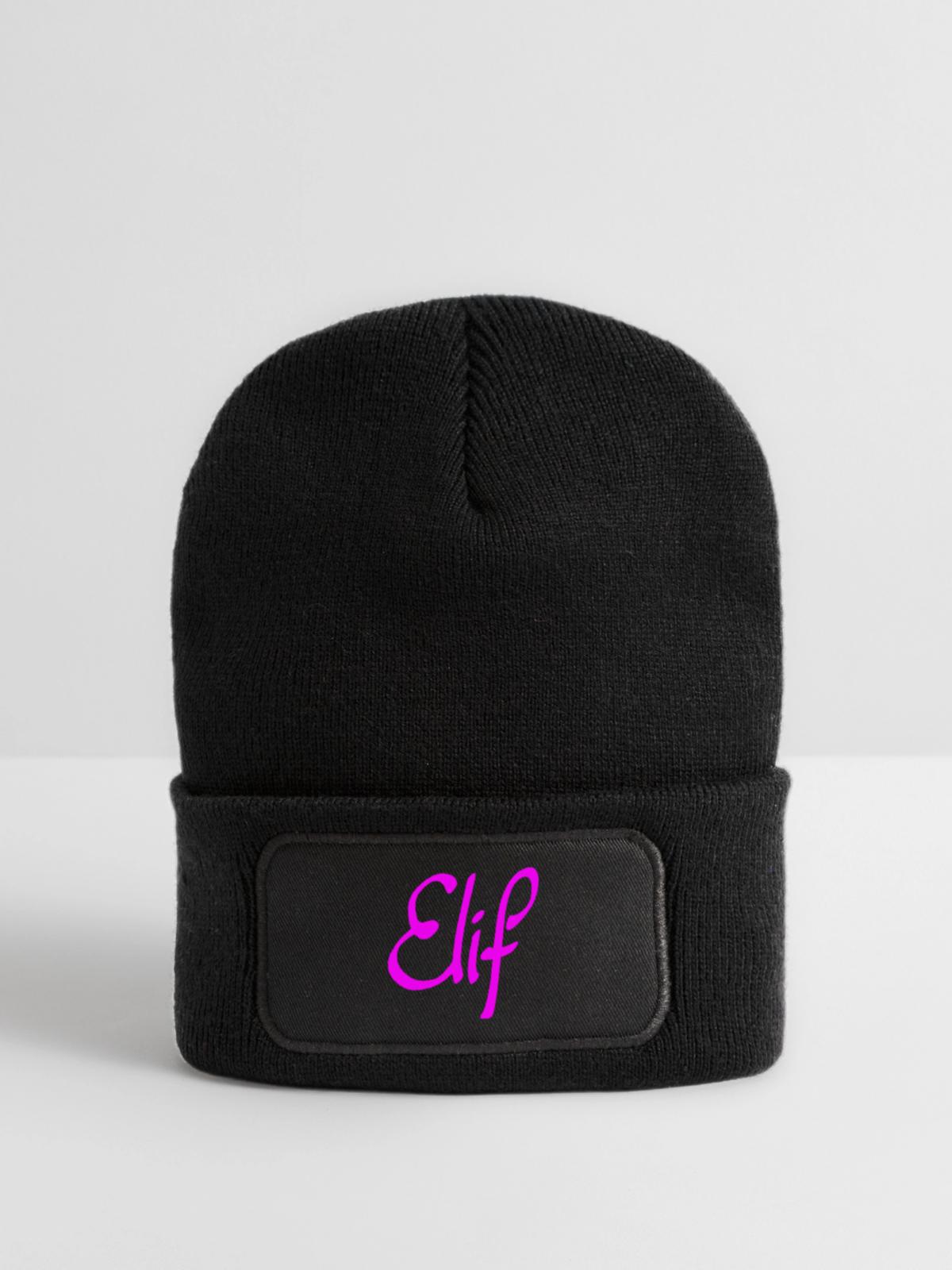 Neon Elif Schriftzug - Recycelte Patch Beanie - Schwarz - Vorne