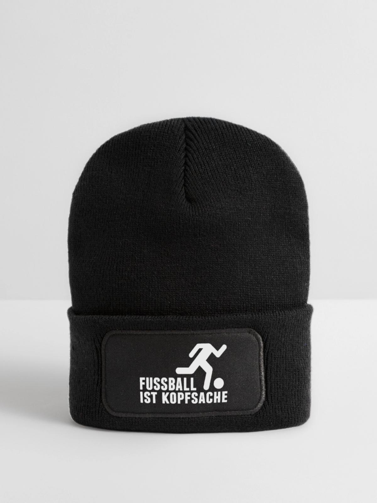 Fußball ist Kopfsache weiß - Recycelte Patch Beanie - Schwarz - Vorne