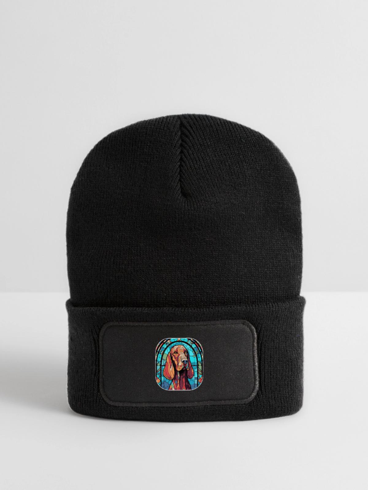 Bunte Bluthund-Hunderasse Aquarellglas Pai - Recycelte Patch Beanie - Schwarz - Vorne