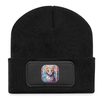Bunte ägyptische Mau Katzenrasse Aquarellfarbe - Recycelte Patch Beanie - Schwarz - Vorne