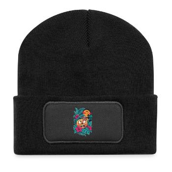 Skelett-Kürbis und tropischer Mond - Recycelte Patch Beanie - Schwarz - Vorne