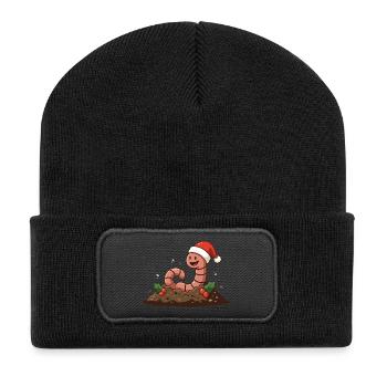 Regenwurm im Weihnachtshut – Weihnachtsthema - Recycelte Patch Beanie - Schwarz - Vorne