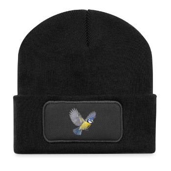 Blaumeise im Flug – blaugelbes Gartenvogelmotiv - Recycelte Patch Beanie - Schwarz - Vorne