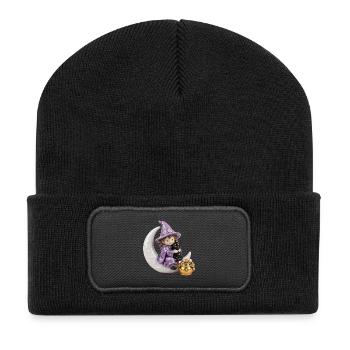 Mondbeschienener Hexen- und Katzenzauber - Recycelte Patch Beanie - Schwarz - Vorne